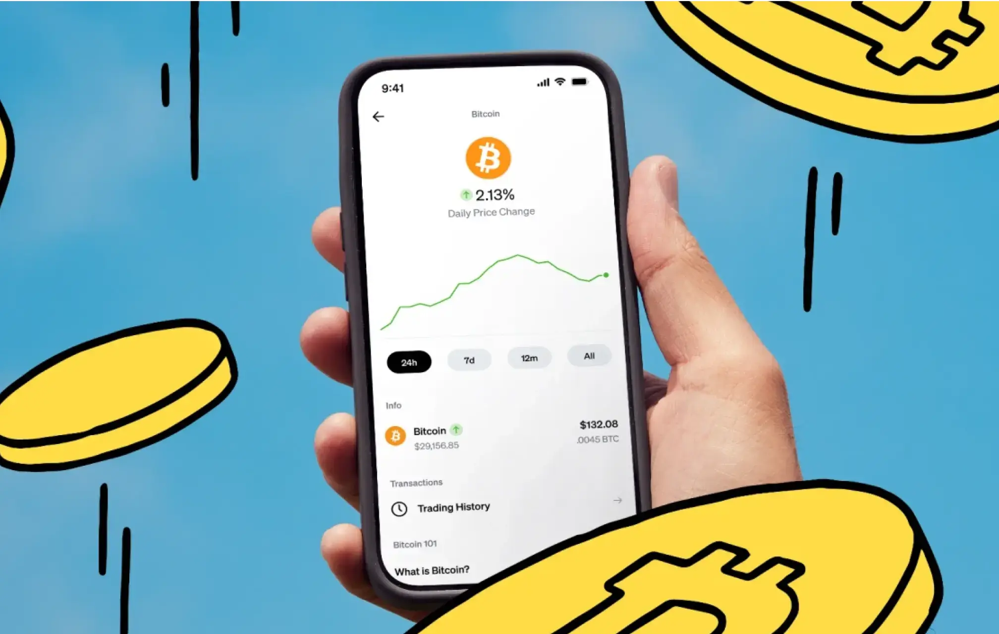 Hand holding phone with Current app open
